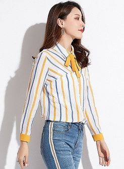 Stylish Striped Lapel Bowknot Single-breasted Blouse