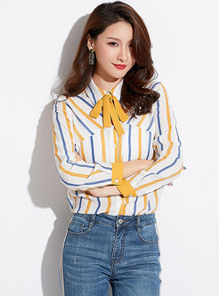 Stylish Striped Lapel Bowknot Single-breasted Blouse