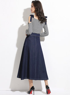 Stylish Backless Striped Tied Knit Top & Denim A-line Skirt