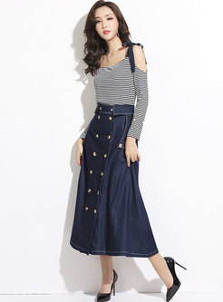 Stylish Backless Striped Tied Knit Top & Denim A-line Skirt