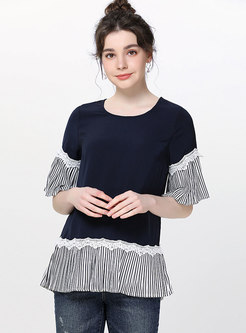 Striped Splicing Flare Sleeve Loose T-shirt