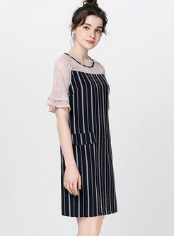 Lace Splicing Striped Flare Sleeve Shift Dress