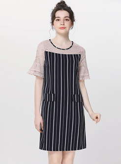 Lace Splicing Striped Flare Sleeve Shift Dress