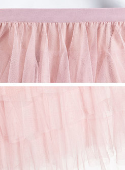 Chic Pink Sweet Mesh Layered Skirt
