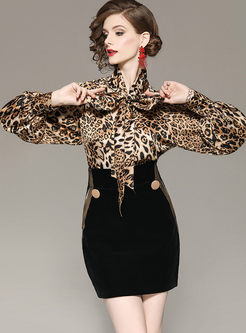 Leopard Bowknot Top & High Waist Slim Skirt