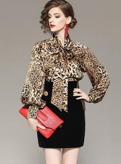 Leopard Bowknot Top & High Waist Slim Skirt