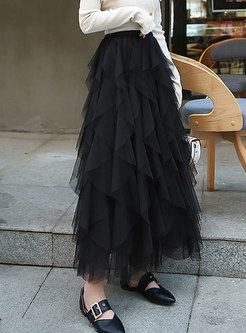 Trendy Black Asymmetric Mesh High Waist Skirt