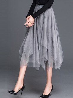 Irregular Solid Color Mesh A-line Skirt