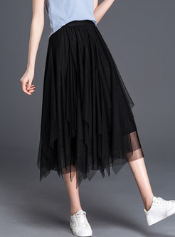 Black Asymmetrical Mesh A-line Skirt