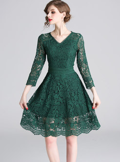 Stylish Lace Solid Color Hollow Out A-line Dress