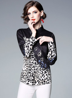 Turn Down Collar Leopard Print Blouse