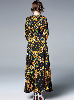 Vintage Print V-neck High Waist Tied Maxi Dress