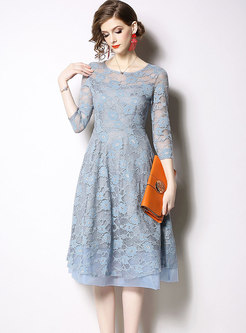 Solid Color Splicing Lace Hollow Out Skater Dress