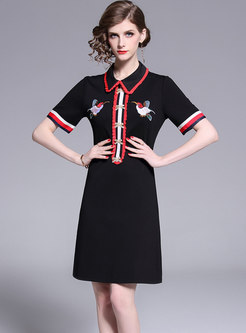 Brief Embroidered Peter Pan Collar A Line Dress