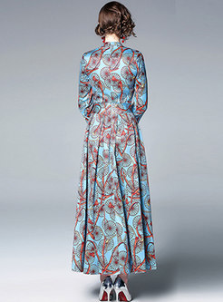 Print Standing Collar Pleated Maxi Dress