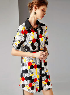Lapel Geometric Print Silk Mini Dress