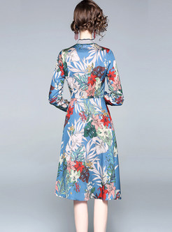 Elegant Floral Print Tied Bowkot Skater Dress