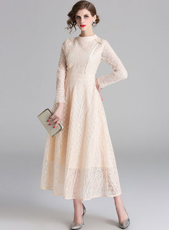 Solid Color Hollow Out Lace Maxi Dress