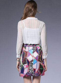 Stylish Bowknot Collar White Blouse & Color-blocked Skirt 