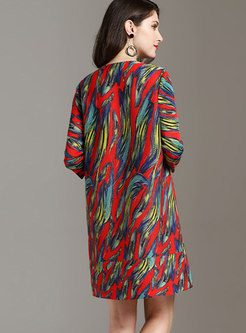 Multi Color Print O-neck Pleated Shift Dress