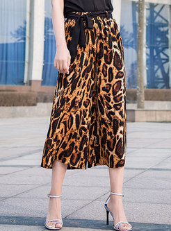 Fashion Leopard Belted High Waist Wide Leg Pants