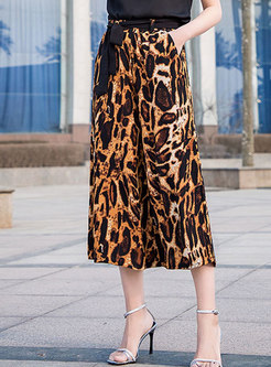 Fashion Leopard Belted High Waist Wide Leg Pants
