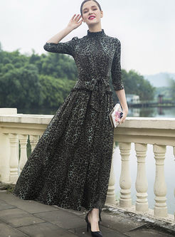 Vintage Leopard Bowknot Pleated Maxi Dress
