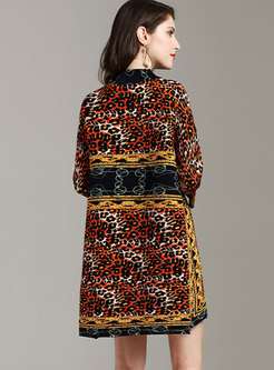 Vintage Leopard Stand Collar Pleated Mini Dress