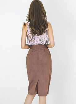 Print Stand Collar Sleeveless Top & Striped Bodycon Skirt