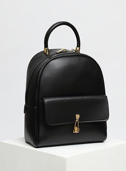 Casual Black Cowhide Leather Clasp Lock Backpack