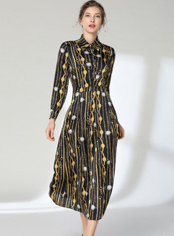 Lapel Long Sleeve Print Maxi Dress