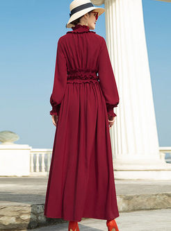 Standing Collar Long Sleeve Chiffon Dress