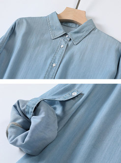 Casual Blue Denim Lapel Single-breasted Blouse
