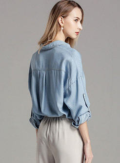 Casual Blue Denim Lapel Single-breasted Blouse