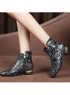 Chic Zippered Leather Print Short Boots