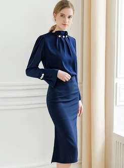 Elegant Solid Color Top & Split Sheath Dress