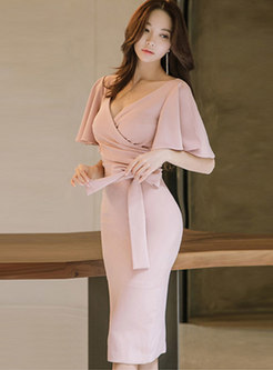 Pink Deep V-neck Belted Bodycon Dress