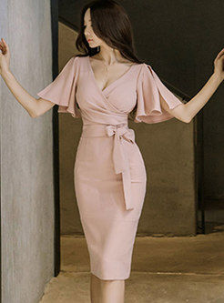 Pink Deep V-neck Belted Bodycon Dress