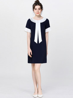 Color-blocked Turn Down Collar Tie Shift Dress