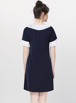 Color-blocked Turn Down Collar Tie Shift Dress