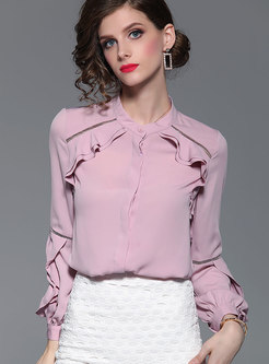 Trendy Pure Color Standing Collar Splicing Blouse