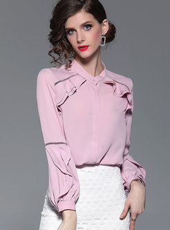 Trendy Pure Color Standing Collar Splicing Blouse