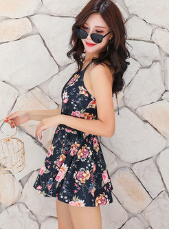 Chic Halter Hollow Out Print Swimwear