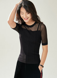 Elegant Mesh Splicing Perspective Knitted Top