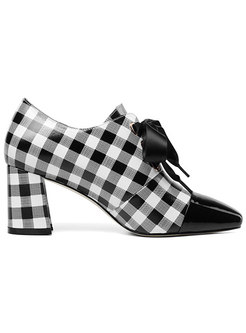 Stylish Plaid Colorblock Lace Up Chunky Heel Shoes