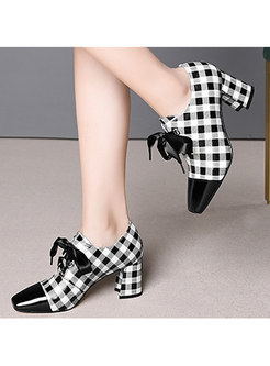 Stylish Plaid Colorblock Lace Up Chunky Heel Shoes