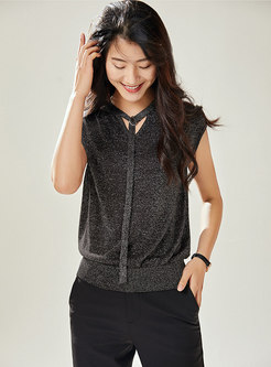 Casual V-neck Tie Sleeveless Knitted Loose Top