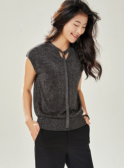 Casual V-neck Tie Sleeveless Knitted Loose Top