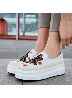 Genuine Leather Embroidered Platform Casual Shoes