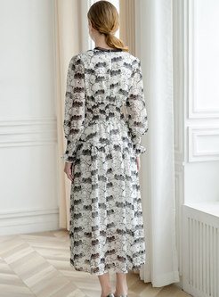 Trendy Print V-neck Flouncing Maxi Dress